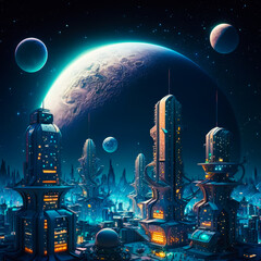 Poster - An image of futuristic city with planets in the background. Generative AI.