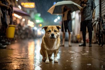 Sticker - Dog is standing in the rain on wet street. Generative AI.