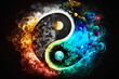 The yin and yang symbol on black background. Generative AI.