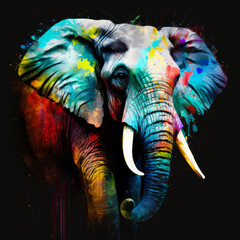 Poster - An elephant painted with multicolored paint on black background. Generative AI.