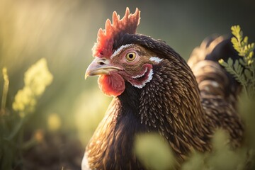 Sticker - A beautiful close up shot of a hen grazing on a farm in Italy, with selective focus. A picture of a hen with a fuzzy background. Generative AI