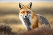 Red fox crouched (Vulpes vulpes). The fox moves slowly and looks right at you. A picture of a fox in the tundra, where it lives in the wild. Wildlife and animals in the Arctic. Chukotka, Siberia, Russ