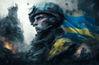 Soldier with an ukrainian flag. Generative AI.