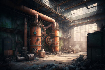 Canvas Print - The inside of an industrial building with pipes and machinery. Generative AI.