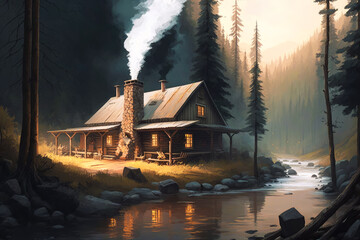 Wall Mural - cabin in the woods with steam coming out of the chimney. Generative AI.