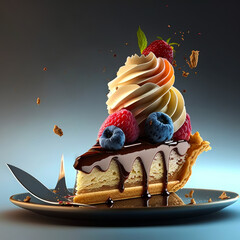 Canvas Print - Slice of pie with whipped cream and berries on top. Generative AI.