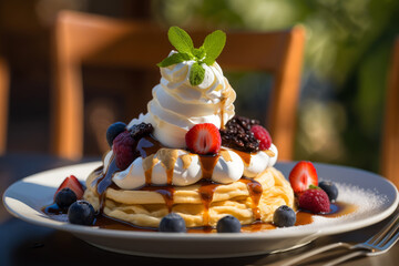 Poster - Stack of pancakes topped with whipped cream and berries. Generative AI.