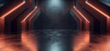 Fototapeta Perspektywa 3d - Cyber Laser Neon Orange Glowing Beams Sci Fi Futuristic Hangar Underground Cement Concrete Barn Bunker Hallway Tunnel Corridor Parking 3D Rendering