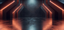 Cyber Laser Neon Orange Glowing Beams Sci Fi Futuristic Hangar Underground Cement Concrete Barn Bunker Hallway Tunnel Corridor Parking 3D Rendering
