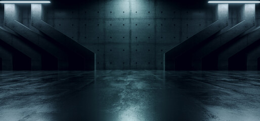 Futuristic Alien Spaceship Cyber Empty Concrete Cement Asphalt Bunker Underground Shelter Showroom Studio Dark Grunge 3D Rendering