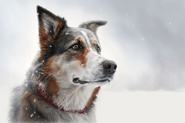 Wall Mural - Muzzle portrait of a gray and red mutt against a snowy white background. A fluffy, shaggy Alaskan husky with perked ears and bright gaze surveys the horizon ahead. Generative AI