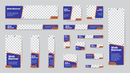 Wall Mural - Business banner standard size in horizontal and vertical rectangle, and square template set for web design. Purple violet and orange header with place of photos. Vector illustration.