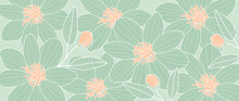 Green Vector Floral Illustration With Flowers, Orange Buds And Leaves For Decor, Covers, Backgrounds, Postcards