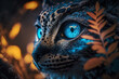 Mystical glowing leopard face with blue eyes. Isolated on blurred background. Stunning animals in nature travel or wildlife photography made with Generative AI