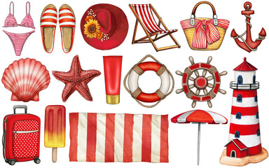 watercolor hand drawn seaside red themed icons