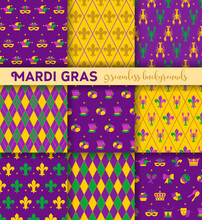Mardi Gras Seamless Pattern With Masks, Jester S Hats, Crown An Fleur De Lis. Set Of Backgrounds