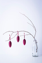 Christmas Decorations Hanging On Twig In Bottle Against White Background