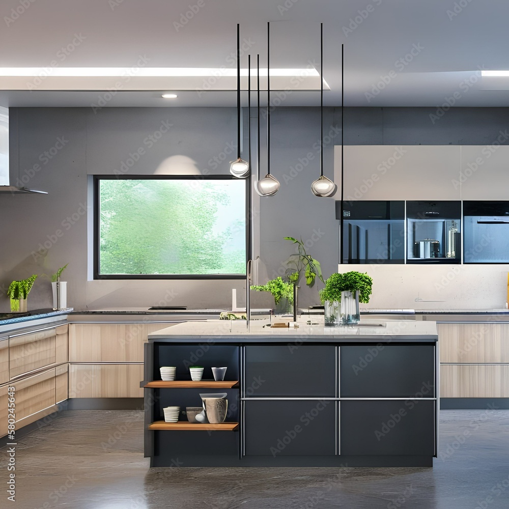 1 A sleek and modern kitchen with stainless steel appliances and ...
