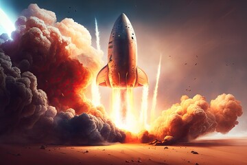 Poster - A spaceship blasts off on a trip to the red planet. The rocket blasted off into space, heading for the red planet in the night sky with a cloud of smoke and a thunderous explosion. Generative AI