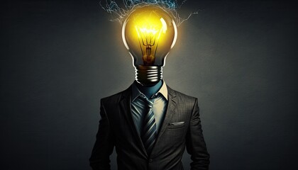 Idea businessman in suit with bright electric lamp bulb head yellow lightning, employee manager with new fresh good idea of company business development, have new brainwave afterthought, generative AI