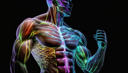 Wall Mural - Translucent human body muscles colorful neon glowing on dark background, man bodybuilding muscle building concept, anaerobic exercise. Multicolored male body fascia muscles, generative AI