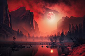Wall Mural - Yosemite National Park in California during a wildfire, with the crimson sun peeking out from behind the fog and ash. Generative AI