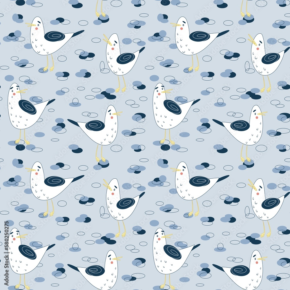 Seamless pattern with cheerful seagulls on a gray background. Cute ...
