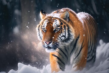 Canvas Print - Tiger, cold Russian winter in the taiga. Wild Amur cat with snowflakes. Russia's animal life. Wild winter nature with tiger snow run. Siberian tiger, dangerous animal in a wild scene with action