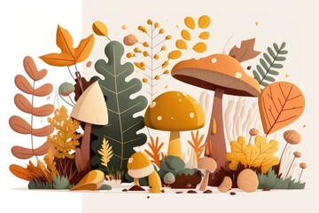 Wall Mural - Autumnal composition with flat colored objects like mushrooms and leaves object in its entirety on white Simple cartoon drawing of nature and harvest in an anime style for online graphic design and an
