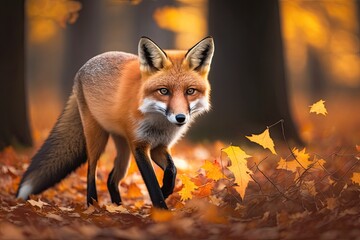 Canvas Print - A red fox runs on orange leaves in the fall. Red Fox, Vulpes vulpes, looking cute in the fall forest. Beautiful animal living in the wild. Scene of wildlife in the wild in Germany, Europe. Cute animal