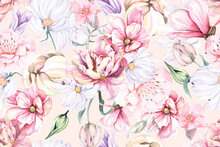 Flower Seamless Pattern With Watercolor.Designed For Fabric And Wallpaper, Vintage Style.Blooming Floral Painting For Summer.Botany Flower Pastel Background