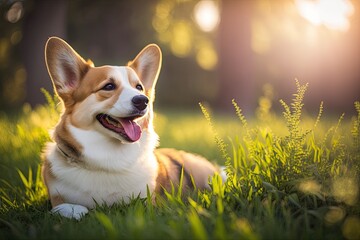 Wall Mural - Purebred that is happy and active On a sunny summer day, a Welsh Corgi dog is outside in the grass. Generative AI