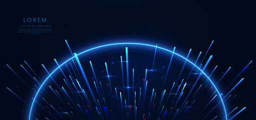 Abstract technology futuristic glowing blue light lines with high-speed effect on dark blue background.