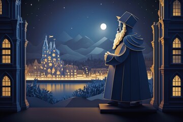 Poster - Dutch holiday celebration Sinterklaas or Saint Nicholas in front of the city at night blue paper illustration. Generative AI