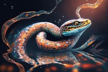  A Painting Of A Colorful Snake With Its Head In The Air And Its Tongue Out, With Bubbles Coming Out Of Its Mouth, On A Black Background.  Generative Ai
