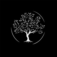 Aufkleber - White icon of tree silhouette on black background, wise symbol, education sign, boho logo concept, t-shirts print, tattoo template. Vector illustration