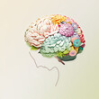 © KRISTINA KUPTSEVICH - Mental and emotional health concept. Female head with beautiful flowers in shape of brain. Positive thinking, self care, slow life. Wellbeing, wellness mind. Blooming brain illustration. Generation ai