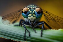 A Dragonfly On A Leaf Makes A Cool And Funny Macro Picture. A Close Up Of A Dragonfly With Big Eyes And A Natural Background. Generative AI