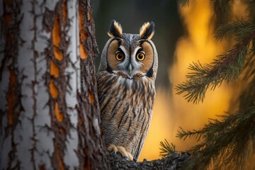 Owl in the tree. Behind the trunk of a larch tree is a portrait of a Long eared Owl with big orange eyes. This is a wild animal in Sweden. Scene of wildlife in the wild. Generative AI