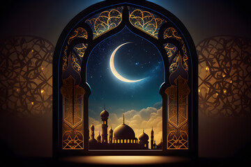 ramadan kareem background.mosque window made with generative ai