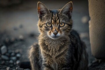 Canvas Print - A wild cat. Homeless, dirty cat portrait. Animals are homeless. A small depth of field. A stray cat that no one took care of. Generative AI