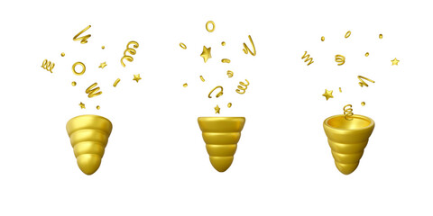 Cartoon 3D render set of gold party popper. Firecracker with flying confetti
