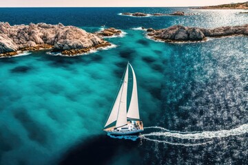 Sticker - Ultra wide panoramic aerial shot from a drone of a sailboat in the Mediterranean Sea. The sails are white, while the water is blue. Generative AI