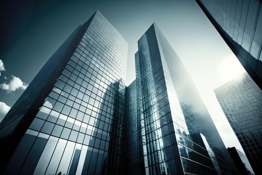 view from a low vantage point of typical glass clad office towers. familiarity with economic princip