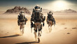 Special forces military units in full tactical gear walking in desert, war zone concept, Generative AI image