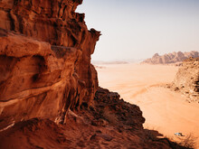 Landmarks Of The Wadi Rum Desert In Jordan. Clear, Sunny Day. No People. Vacation And Travel Concept