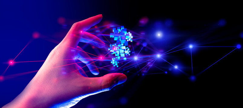 businessman hand holding holographic of metaverse network on black background, internet social onlin