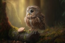 Small Owl In The Woods, Holding A Mouse. The Brown Owl, Strix Aluco, In Its Natural Woodland Habitat, Sitting On A Tree With A Catch. Such A Pretty Bird In The Woods. Generative AI