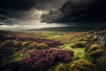 Sticker - Scene from Cuilcagh Mountain Park in Northern Ireland, including a green meadow and pasture with tall grass, ferns, and heather against a stormy, dramatic sky. Generative AI