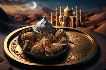 Poster - Ramadan motif, Arabic style sweets on a zinc dish, a light, and a mosque in the background. Generative AI